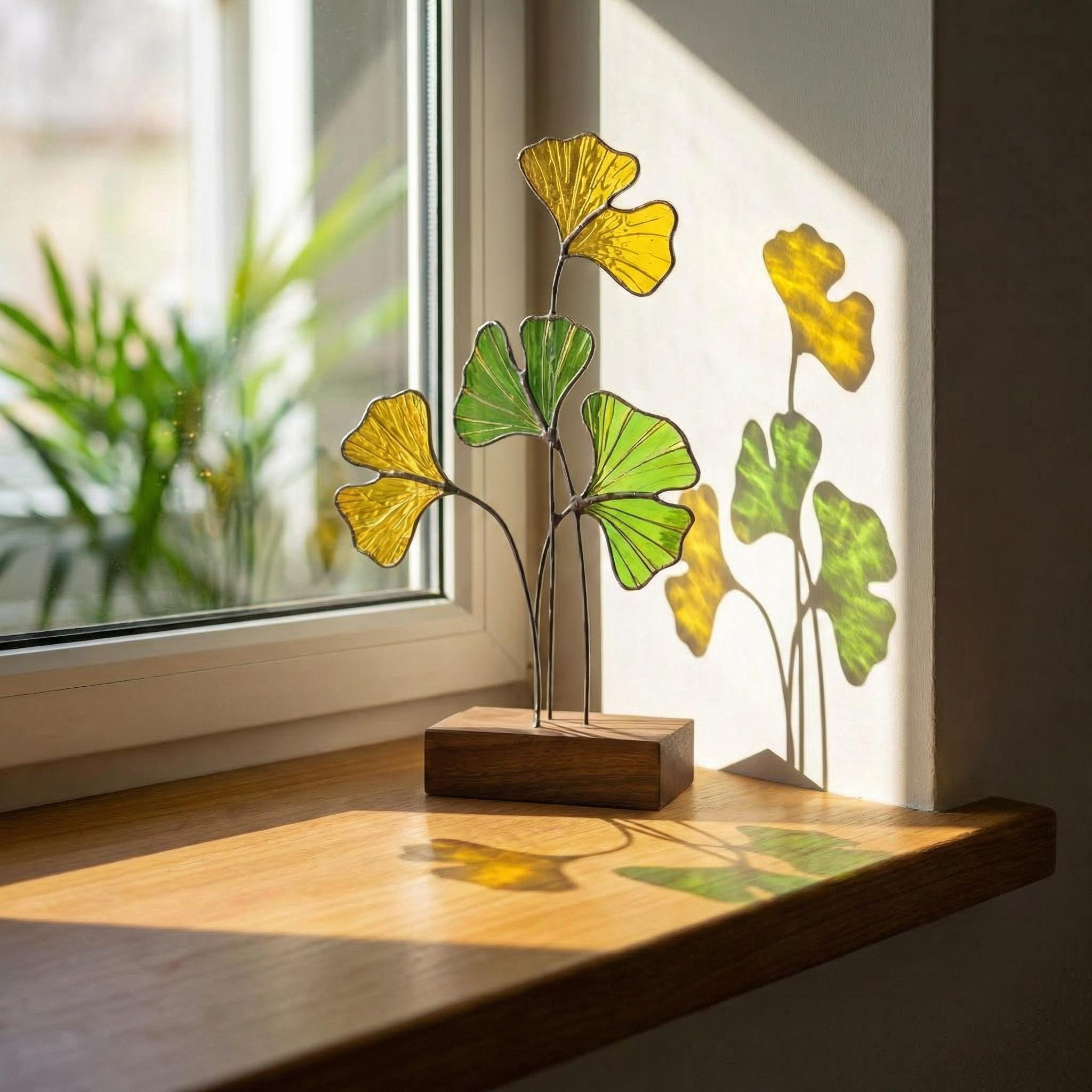 Handmade stained glass ginkgo biloba leaves sculpture standing on solid wood base, green and yellow botanical art for desk decor, japandi style gift.