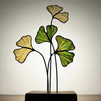 Handmade stained glass ginkgo biloba leaves sculpture standing on solid wood base, green and yellow botanical art for desk decor, japandi style gift.