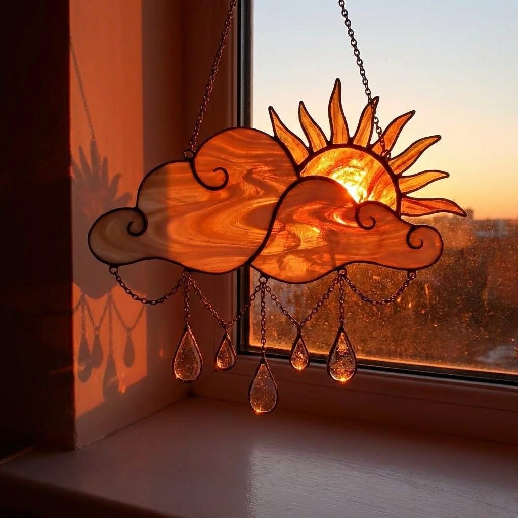 Handmade stained glass sun and cloud suncatcher with hanging crystal raindrops, wispy white glass texture, celestial nursery decor, symbol of hope.