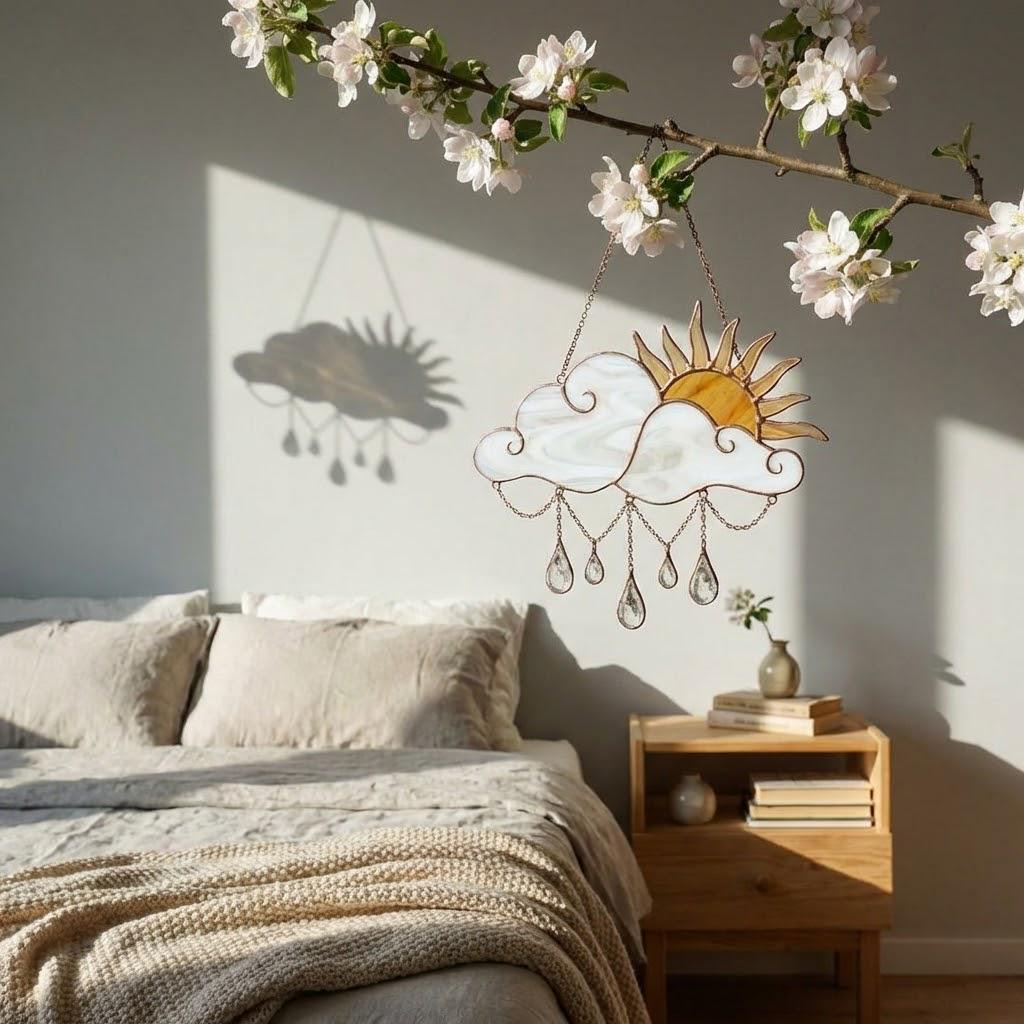 Handmade stained glass sun and cloud suncatcher with hanging crystal raindrops, wispy white glass texture, celestial nursery decor, symbol of hope.