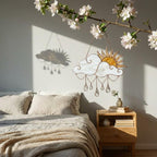 Handmade stained glass sun and cloud suncatcher with hanging crystal raindrops, wispy white glass texture, celestial nursery decor, symbol of hope.