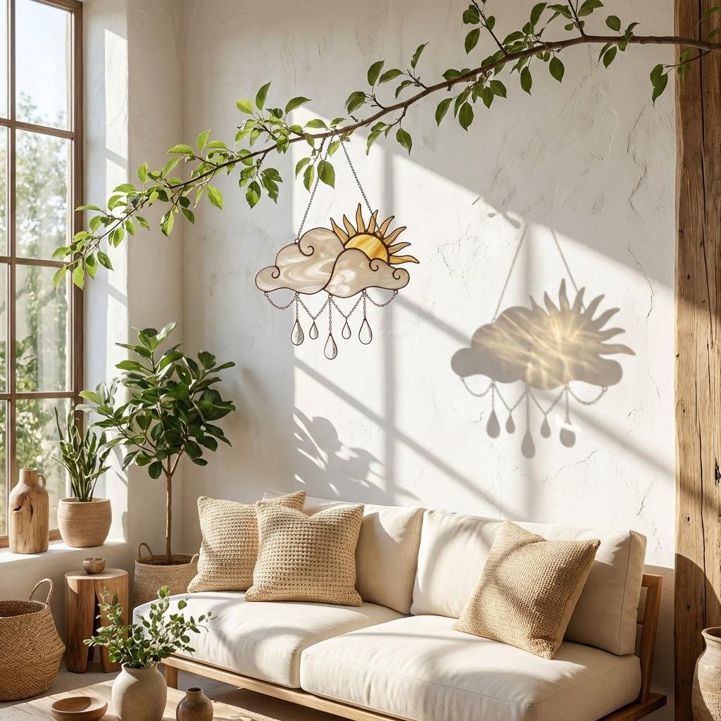 Handmade stained glass sun and cloud suncatcher with hanging crystal raindrops, wispy white glass texture, celestial nursery decor, symbol of hope.