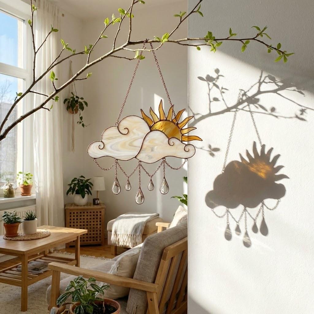 Handmade stained glass sun and cloud suncatcher with hanging crystal raindrops, wispy white glass texture, celestial nursery decor, symbol of hope.