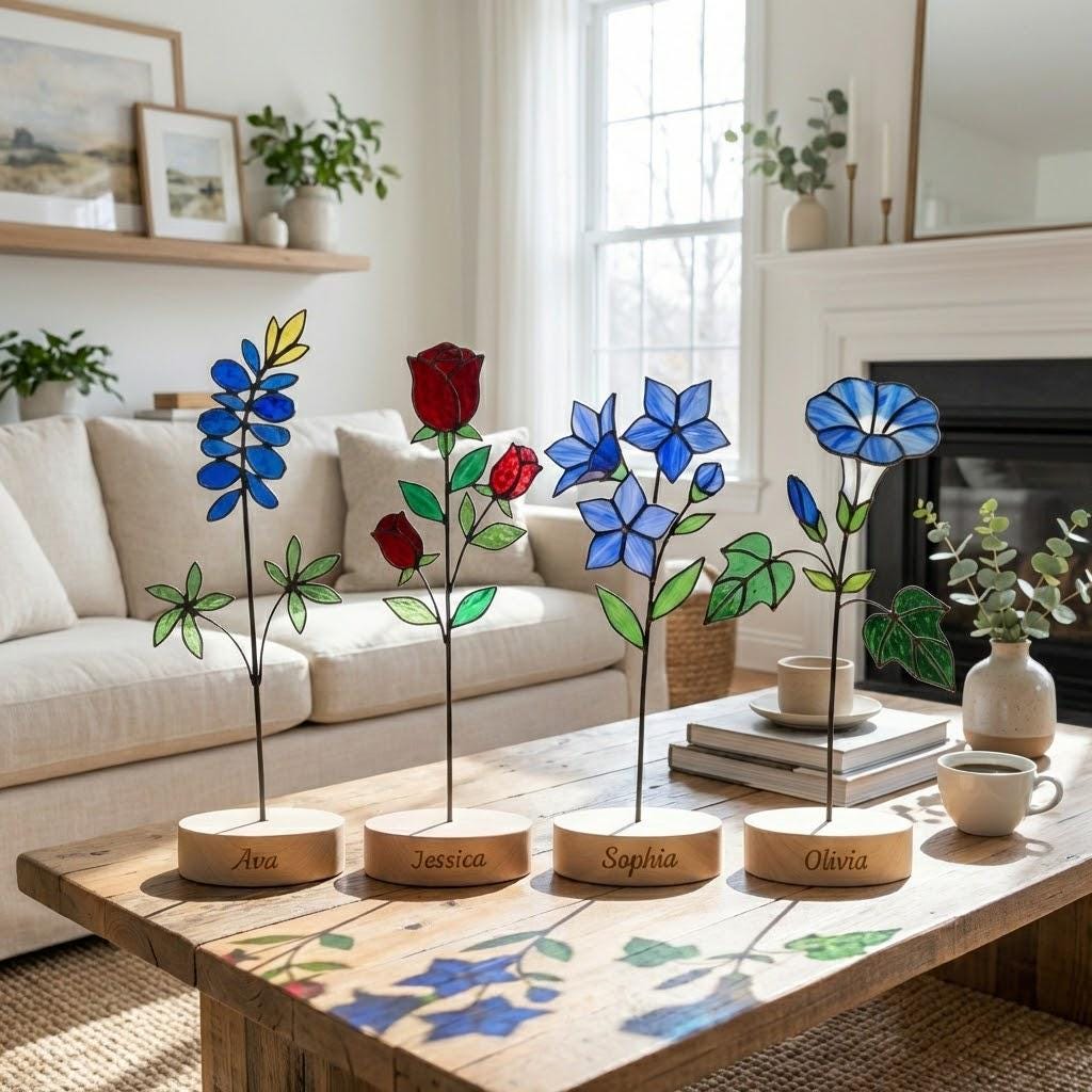 Handmade stained glass birth flower with wooden base, personalized name engraving, desk decor gift for mom and grandma