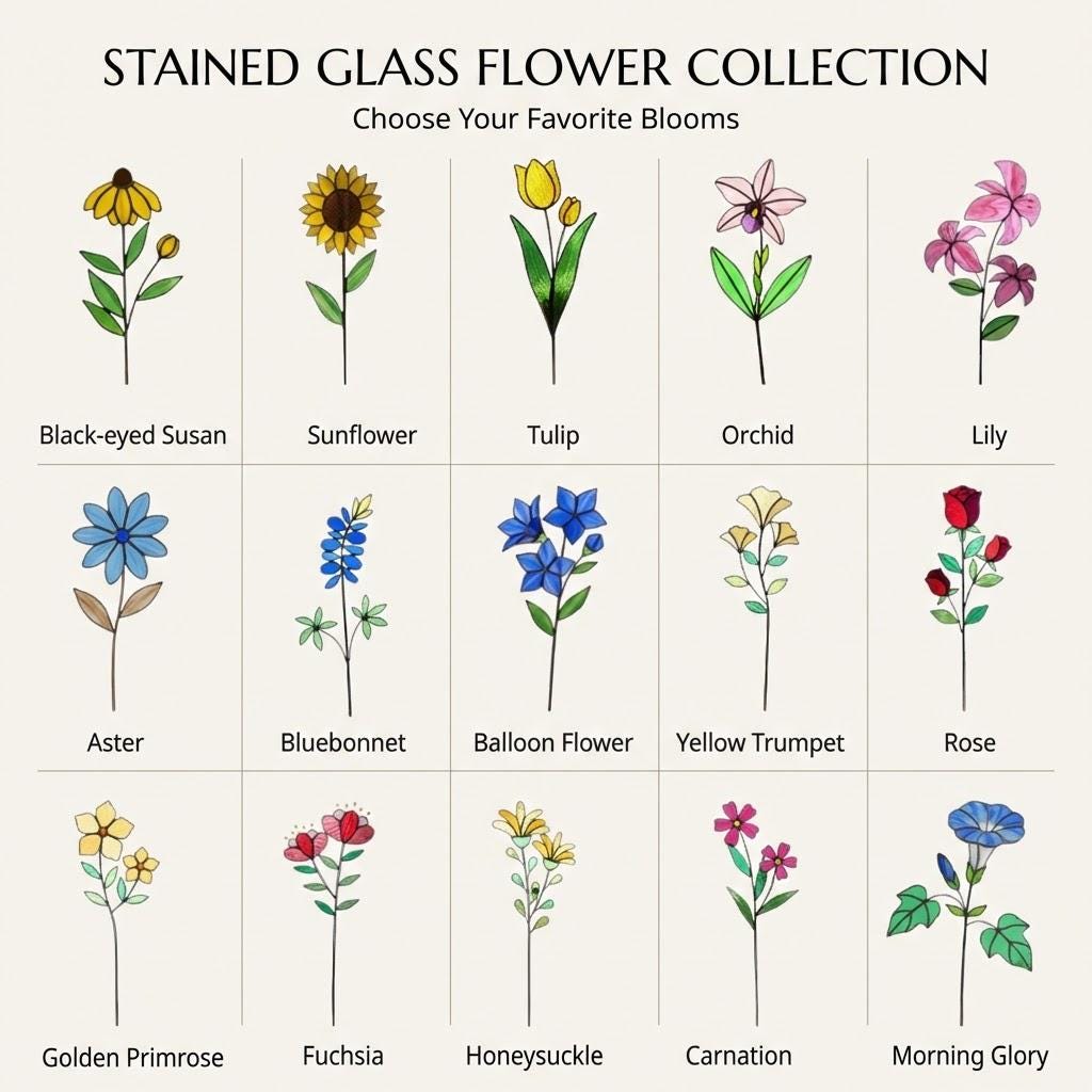 Handmade stained glass birth flower with wooden base, personalized name engraving, desk decor gift for mom and grandma