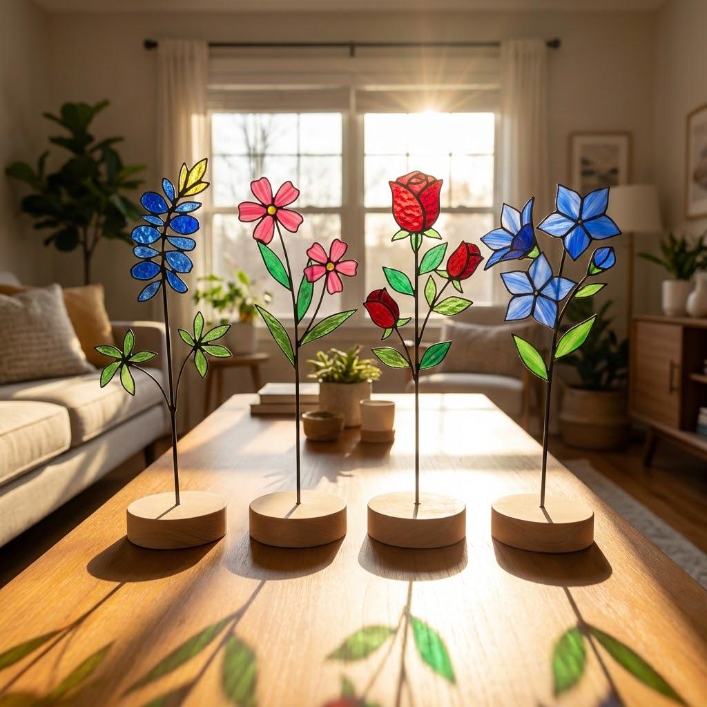 Handmade stained glass birth flower with wooden base, personalized name engraving, desk decor gift for mom and grandma