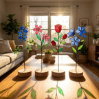 Handmade stained glass birth flower with wooden base, personalized name engraving, desk decor gift for mom and grandma