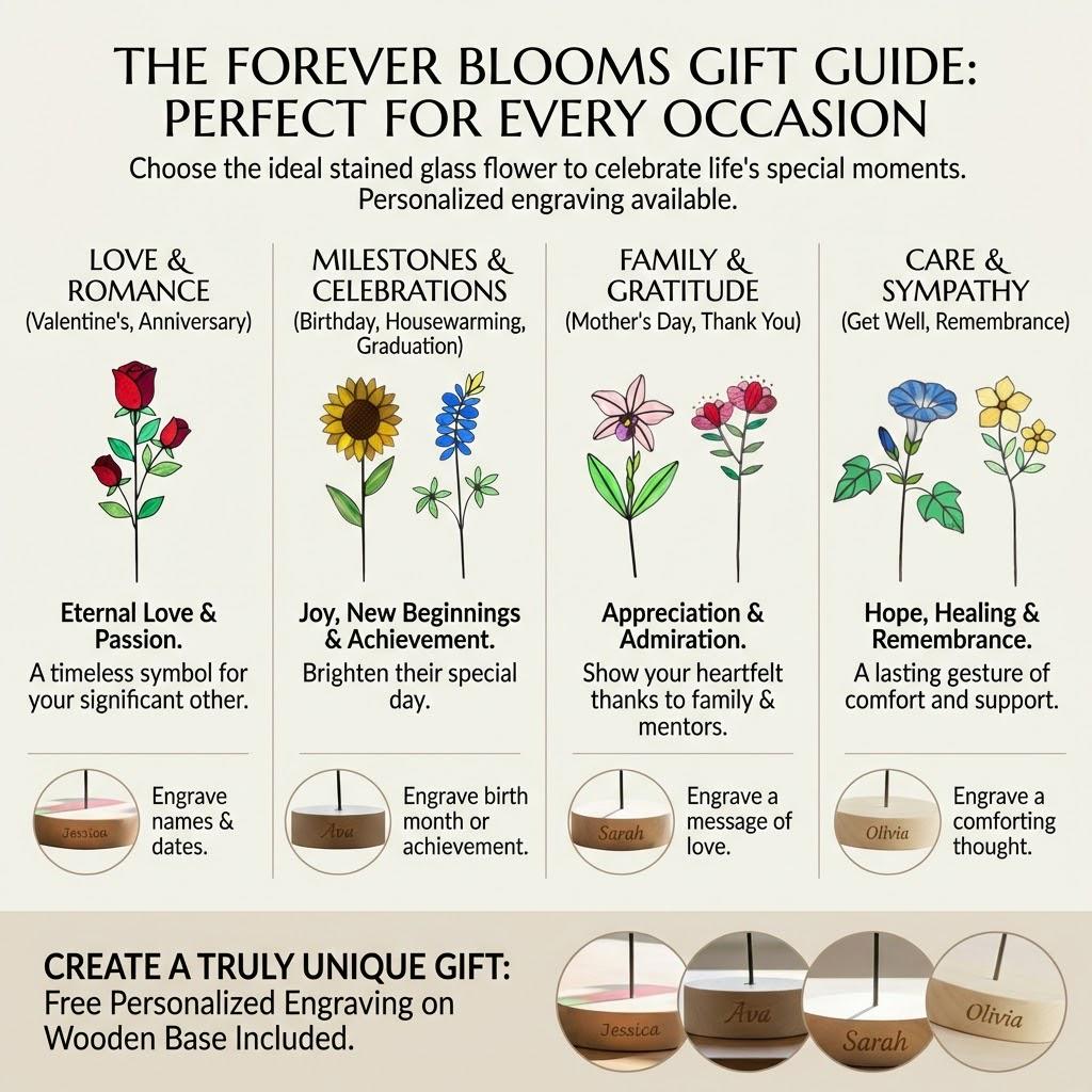 Handmade stained glass birth flower with wooden base, personalized name engraving, desk decor gift for mom and grandma