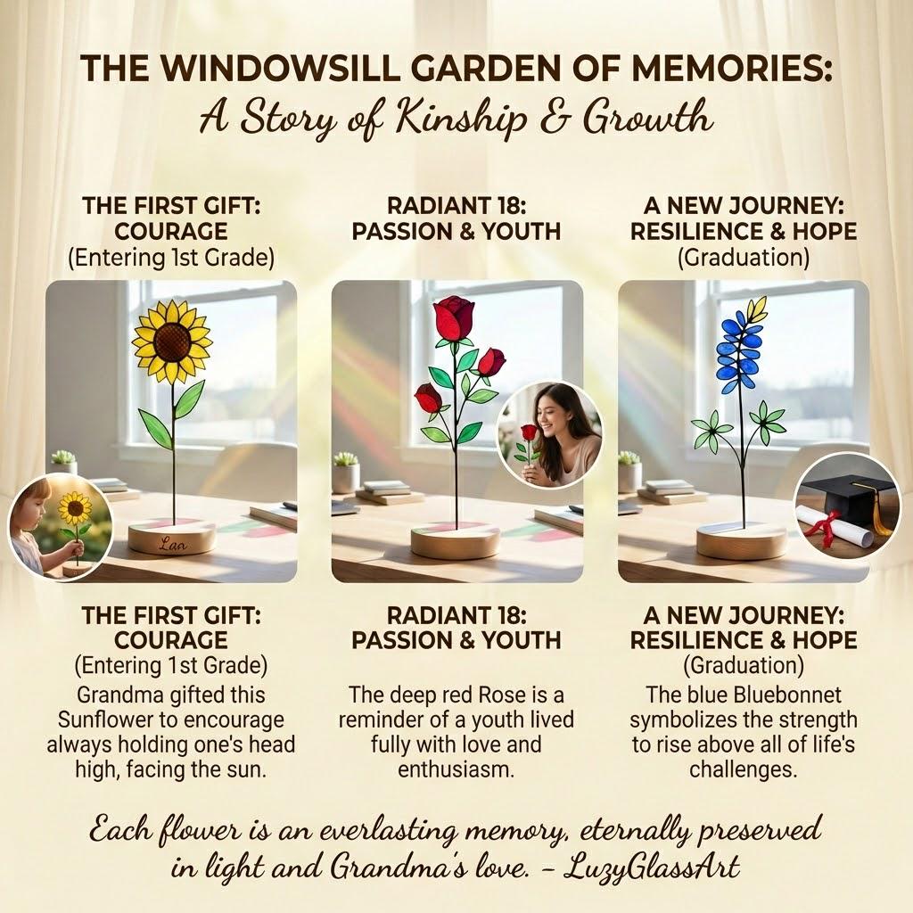 Handmade stained glass birth flower with wooden base, personalized name engraving, desk decor gift for mom and grandma