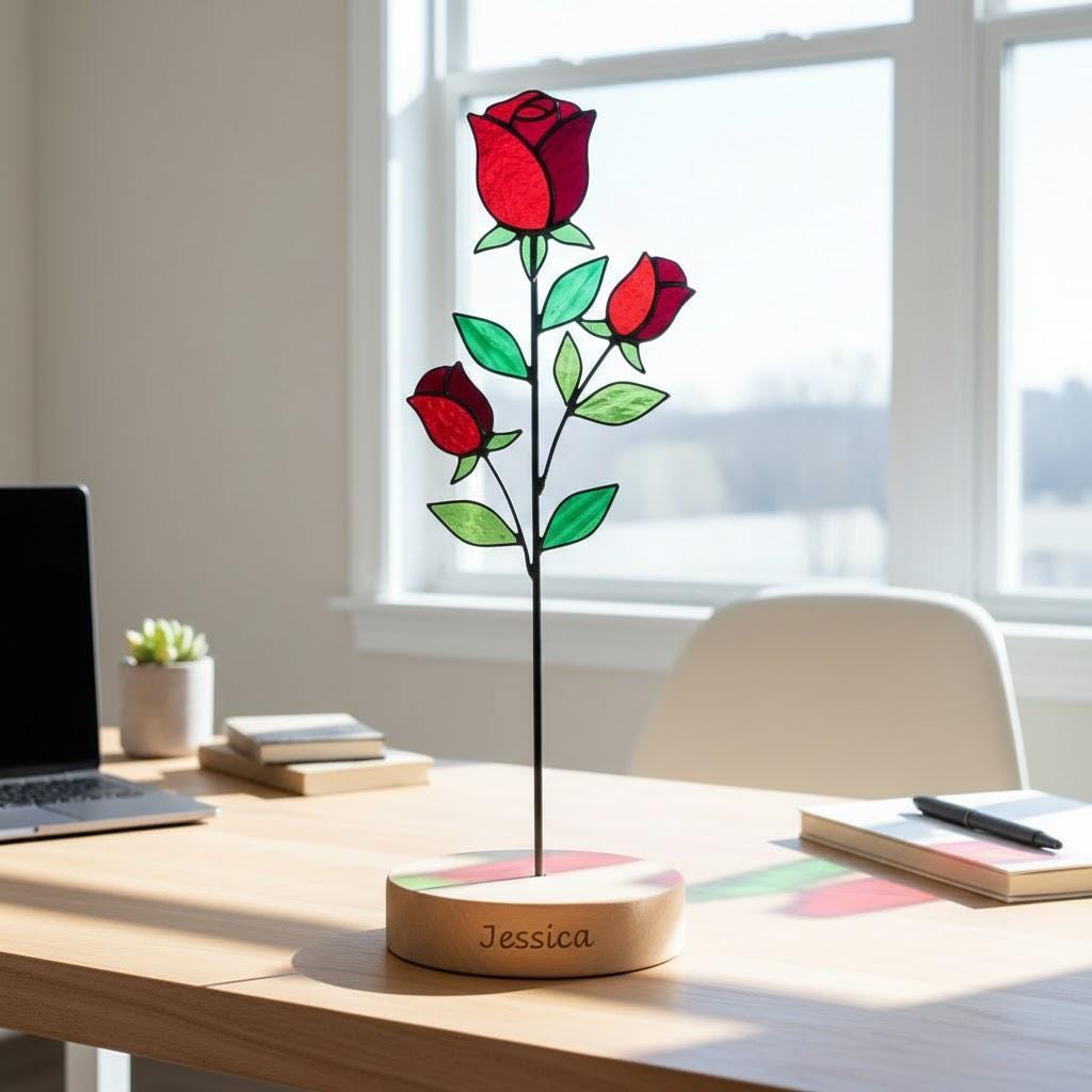 Handmade stained glass birth flower with wooden base, personalized name engraving, desk decor gift for mom and grandma