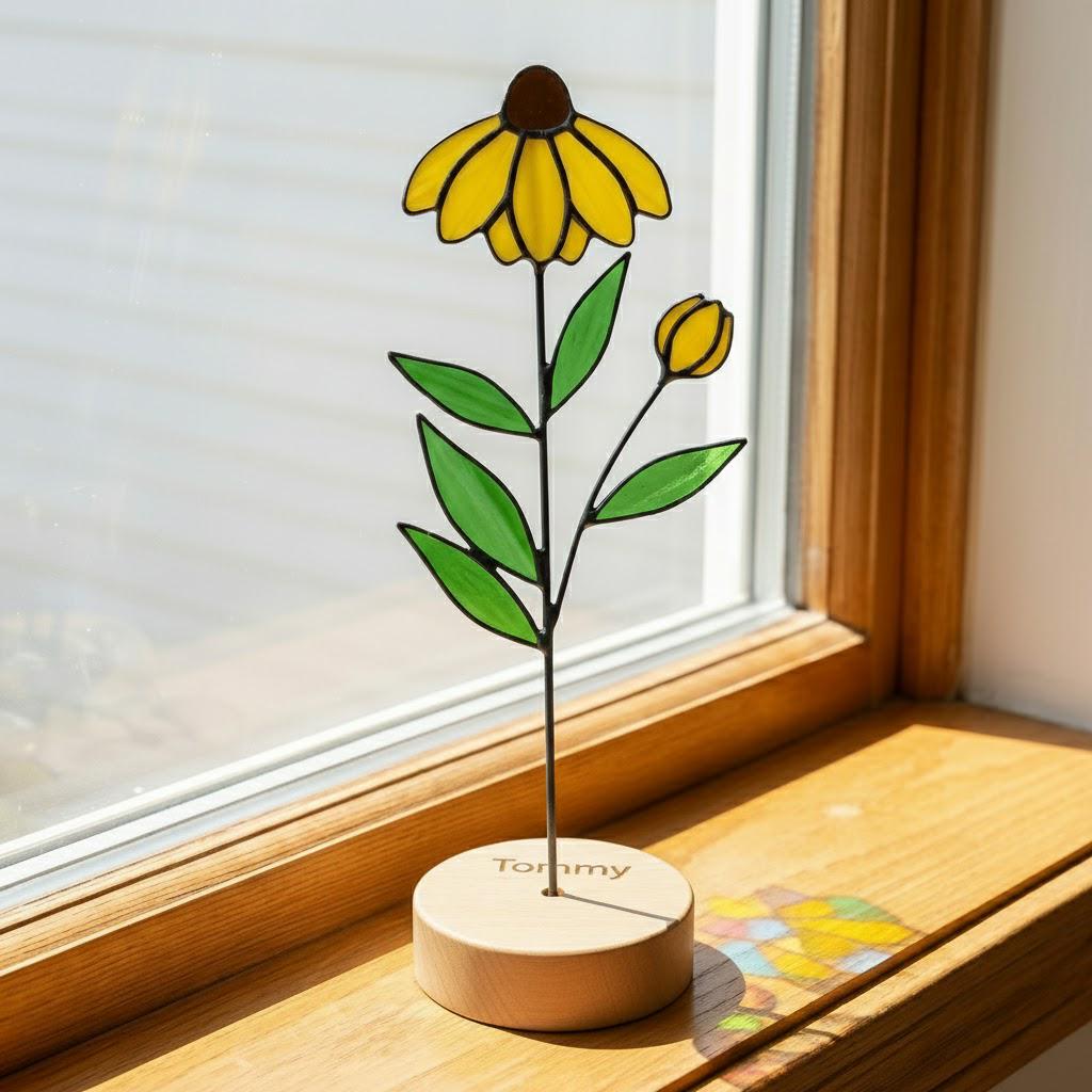 Handmade stained glass birth flower with wooden base, personalized name engraving, desk decor gift for mom and grandma