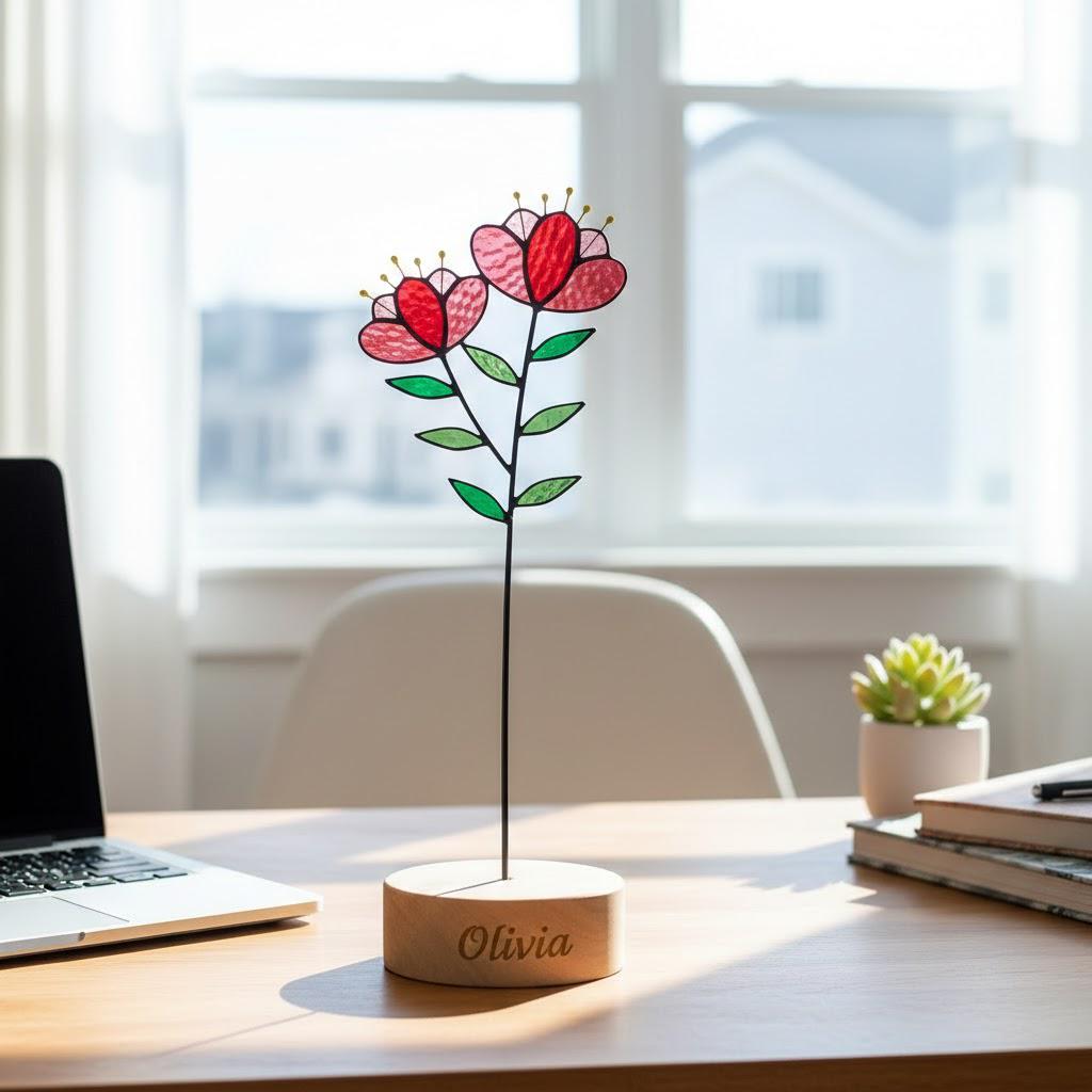 Handmade stained glass birth flower with wooden base, personalized name engraving, desk decor gift for mom and grandma