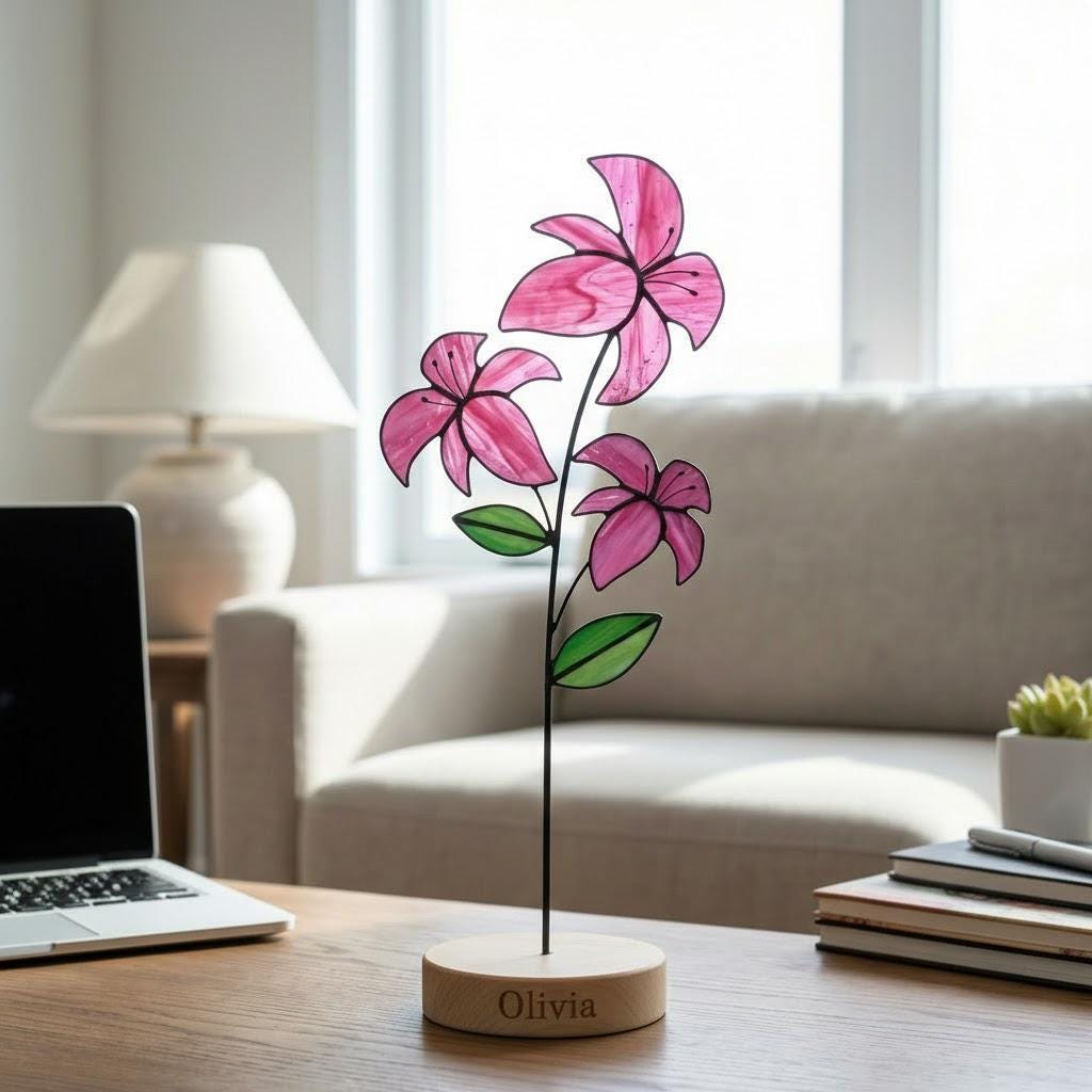 Handmade stained glass birth flower with wooden base, personalized name engraving, desk decor gift for mom and grandma