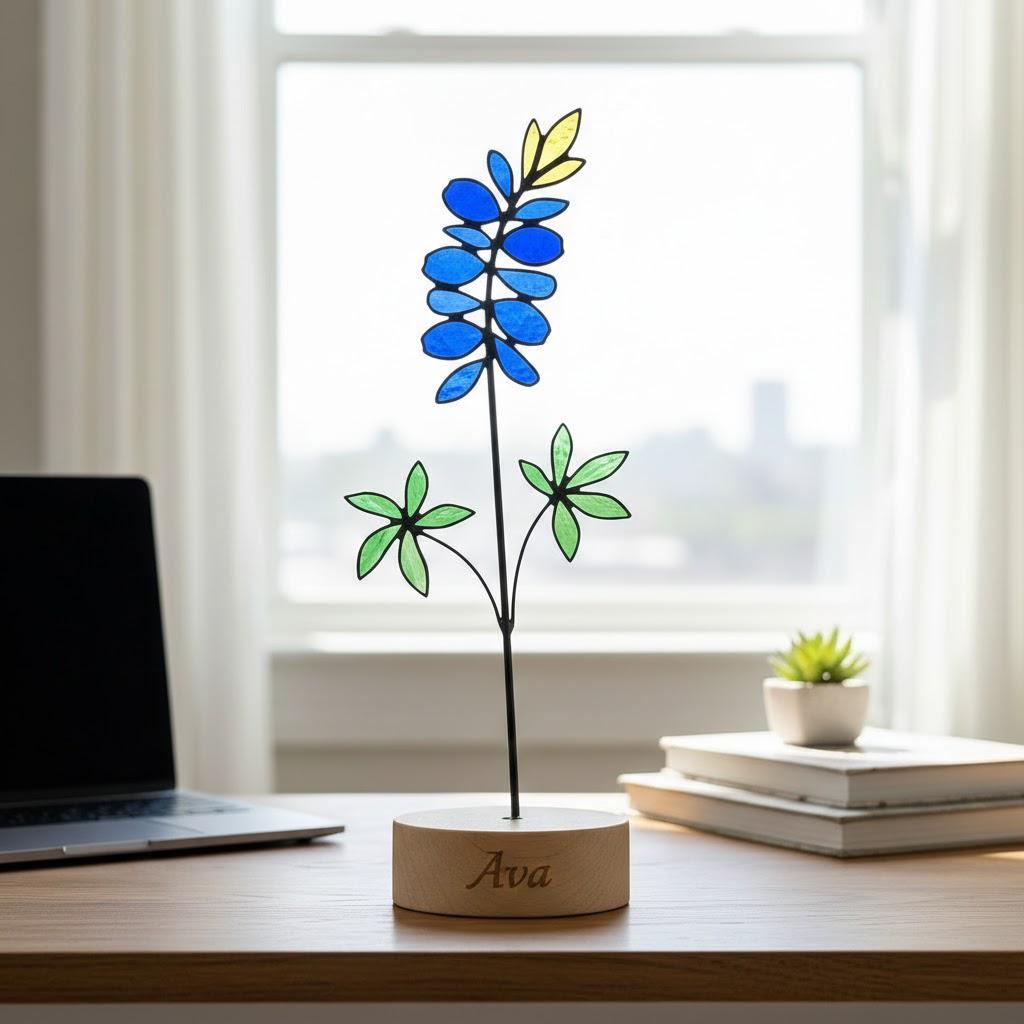 Handmade stained glass birth flower with wooden base, personalized name engraving, desk decor gift for mom and grandma