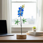 Handmade stained glass birth flower with wooden base, personalized name engraving, desk decor gift for mom and grandma