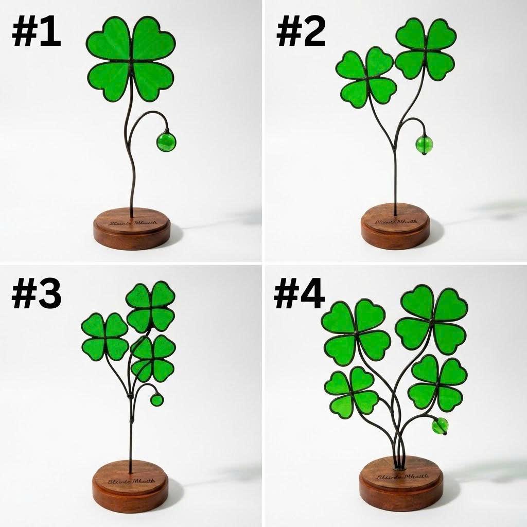 Handmade stained glass four leaf clover plant sculpture standing on wooden base, green shamrock lucky gift for desk decor, st patricks day gift.