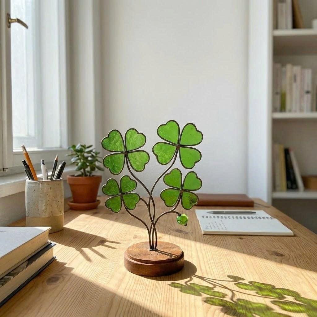 Handmade stained glass four leaf clover plant sculpture standing on wooden base, green shamrock lucky gift for desk decor, st patricks day gift.