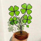 Handmade stained glass four leaf clover plant sculpture standing on wooden base, green shamrock lucky gift for desk decor, st patricks day gift.