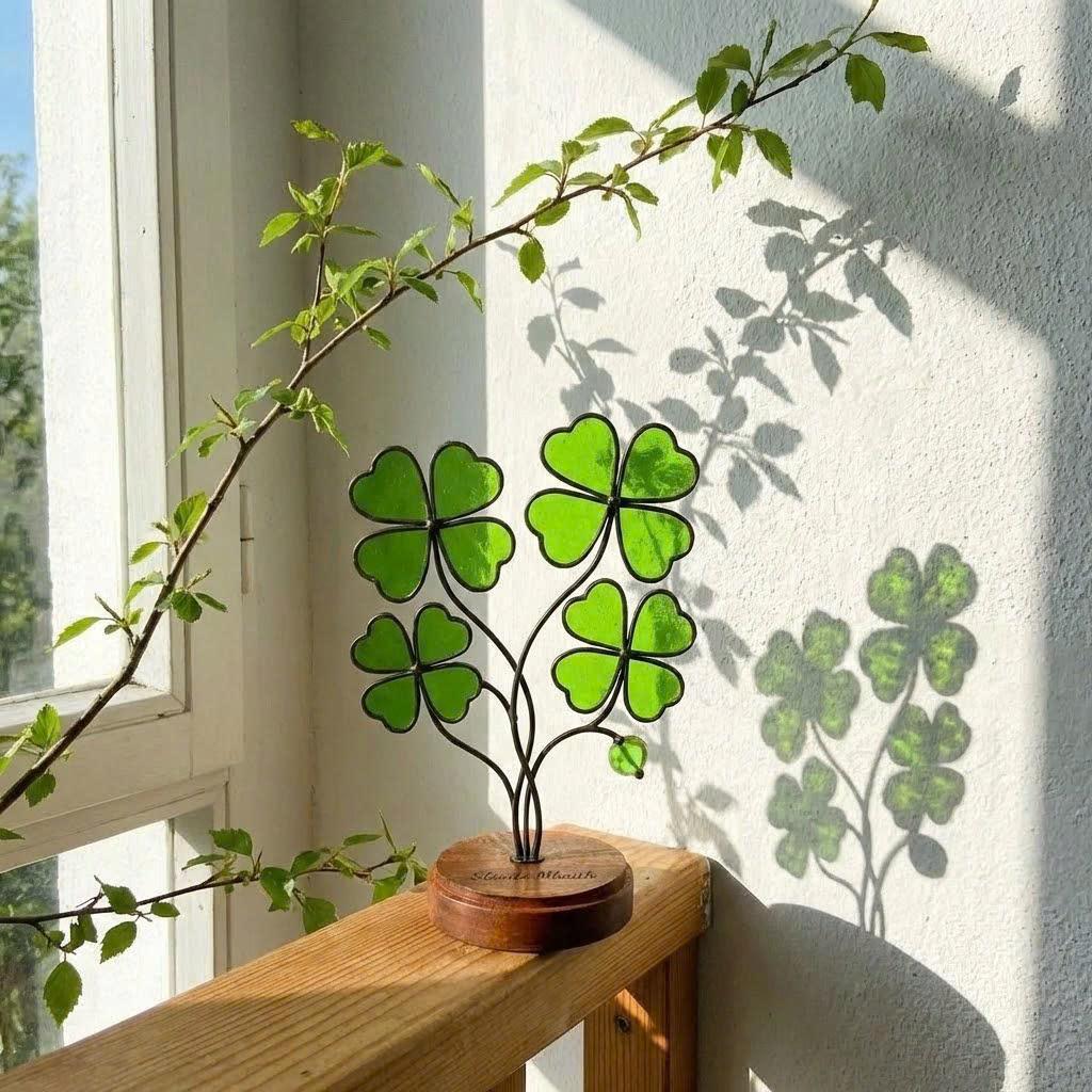 Handmade stained glass four leaf clover plant sculpture standing on wooden base, green shamrock lucky gift for desk decor, st patricks day gift.