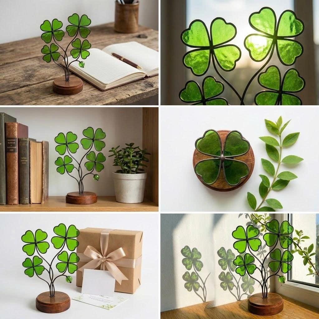 Handmade stained glass four leaf clover plant sculpture standing on wooden base, green shamrock lucky gift for desk decor, st patricks day gift.