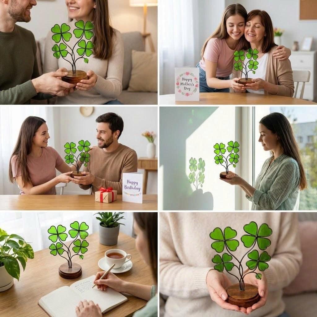 Handmade stained glass four leaf clover plant sculpture standing on wooden base, green shamrock lucky gift for desk decor, st patricks day gift.