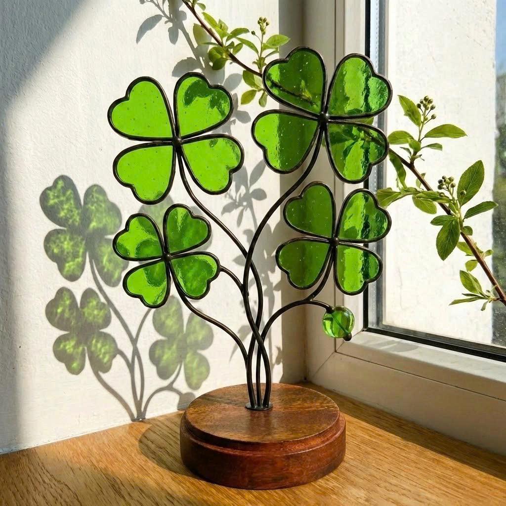 Handmade stained glass four leaf clover plant sculpture standing on wooden base, green shamrock lucky gift for desk decor, st patricks day gift.