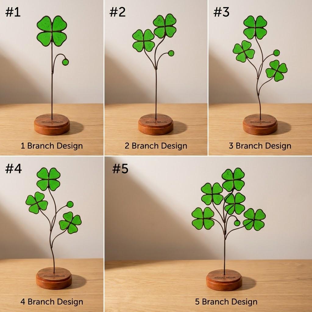 Handmade stained glass four leaf clover sculpture standing on solid wood base, green shamrock lucky gift for desk decor, feng shui plant stake.