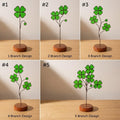 Handmade stained glass four leaf clover sculpture standing on solid wood base, green shamrock lucky gift for desk decor, feng shui plant stake.