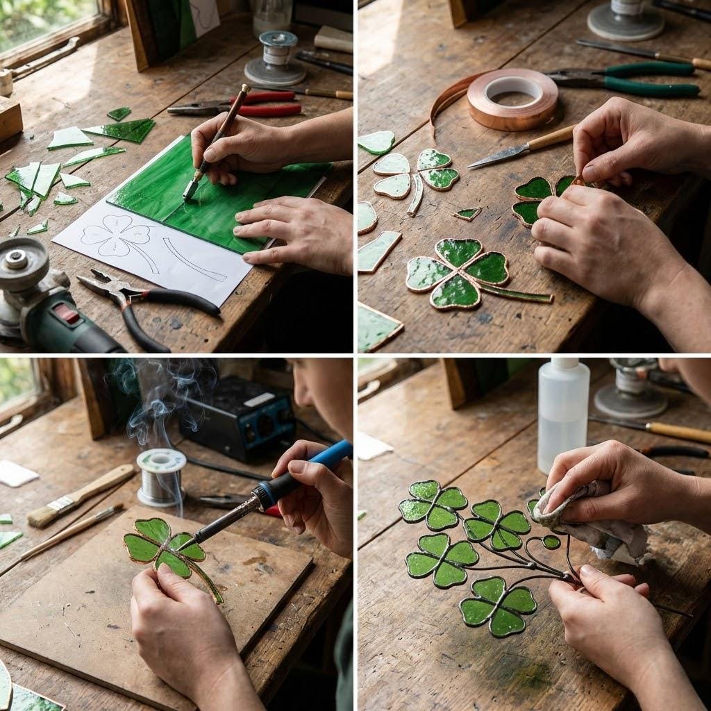 Handmade stained glass four leaf clover sculpture standing on solid wood base, green shamrock lucky gift for desk decor, feng shui plant stake.