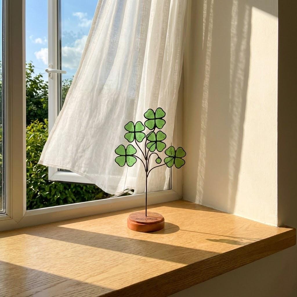 Handmade stained glass four leaf clover sculpture standing on solid wood base, green shamrock lucky gift for desk decor, feng shui plant stake.