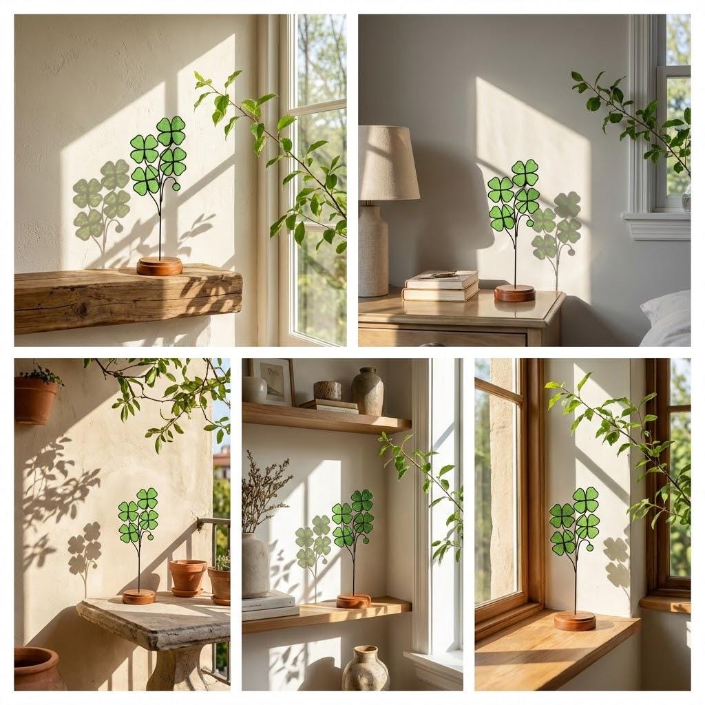 Handmade stained glass four leaf clover sculpture standing on solid wood base, green shamrock lucky gift for desk decor, feng shui plant stake.