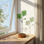 Handmade stained glass four leaf clover sculpture standing on solid wood base, green shamrock lucky gift for desk decor, feng shui plant stake.