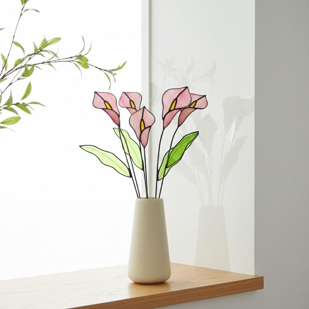 Handmade stained glass calla lily flower stems arranged in a minimalist vase, botanical glass flower home decor
