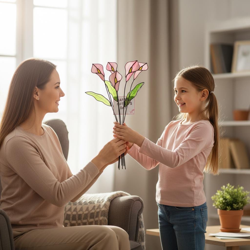 Handmade stained glass calla lily flower stems arranged in a minimalist vase, botanical glass flower home decor