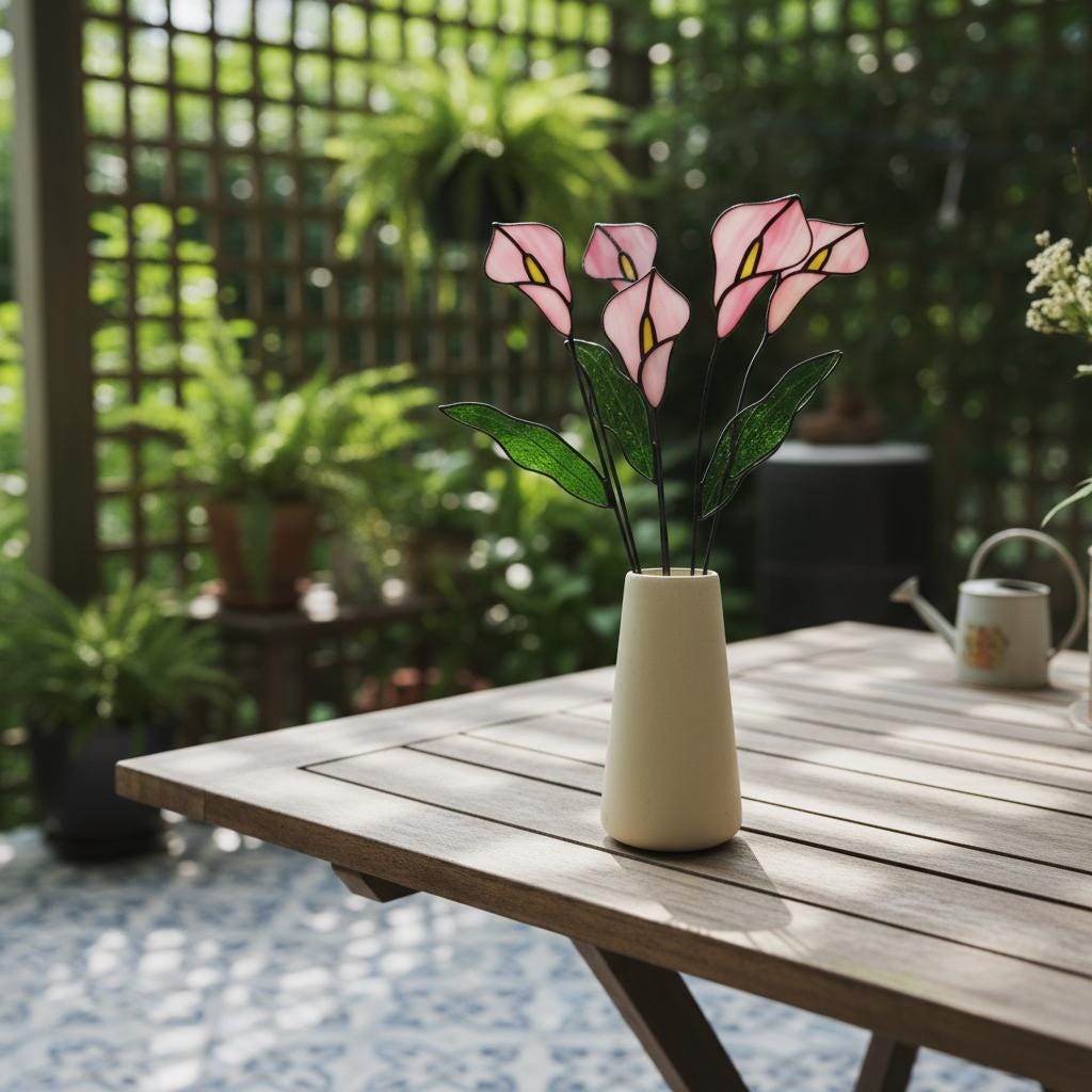 Handmade stained glass calla lily flower stems arranged in a minimalist vase, botanical glass flower home decor