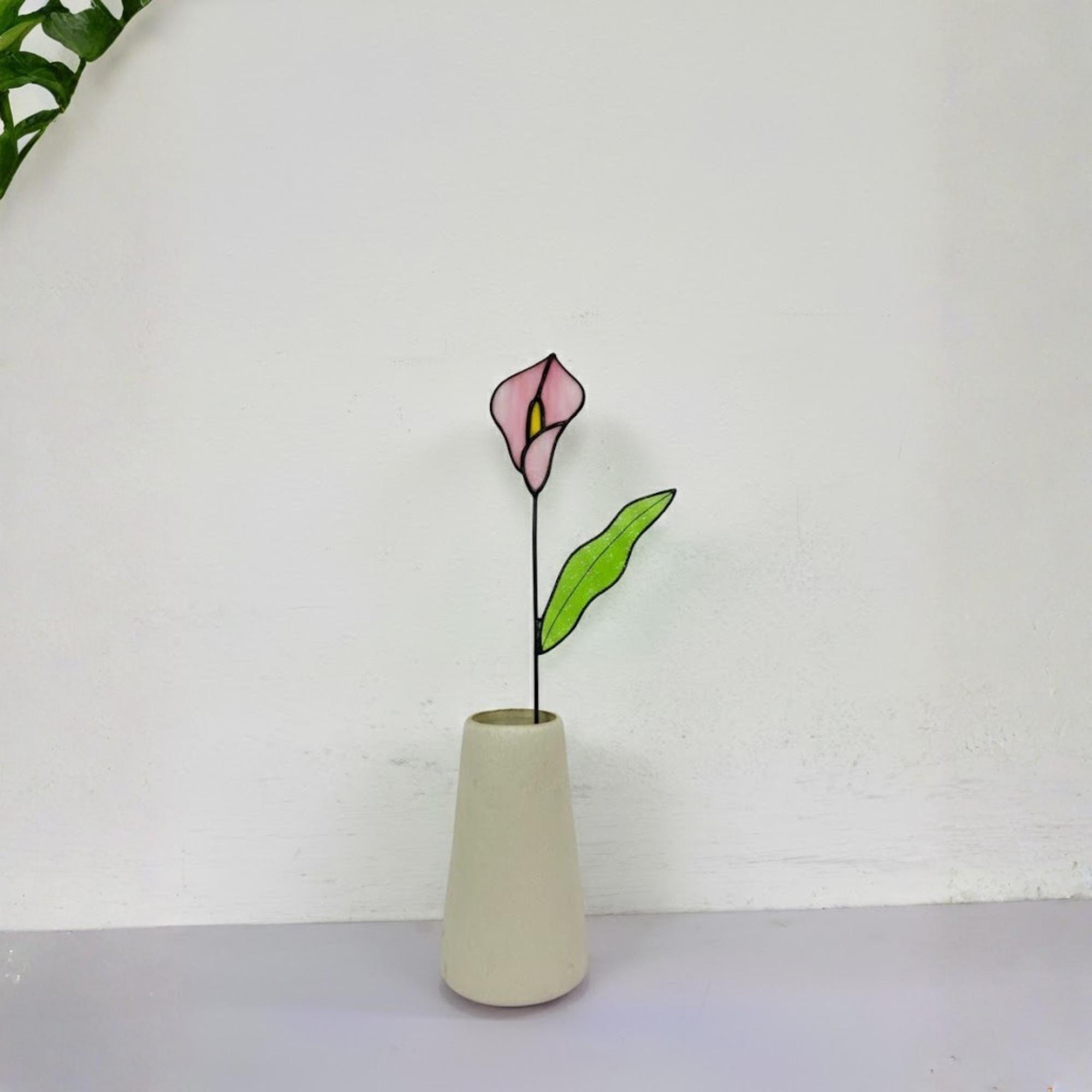 Handmade stained glass calla lily flower stems arranged in a minimalist vase, botanical glass flower home decor