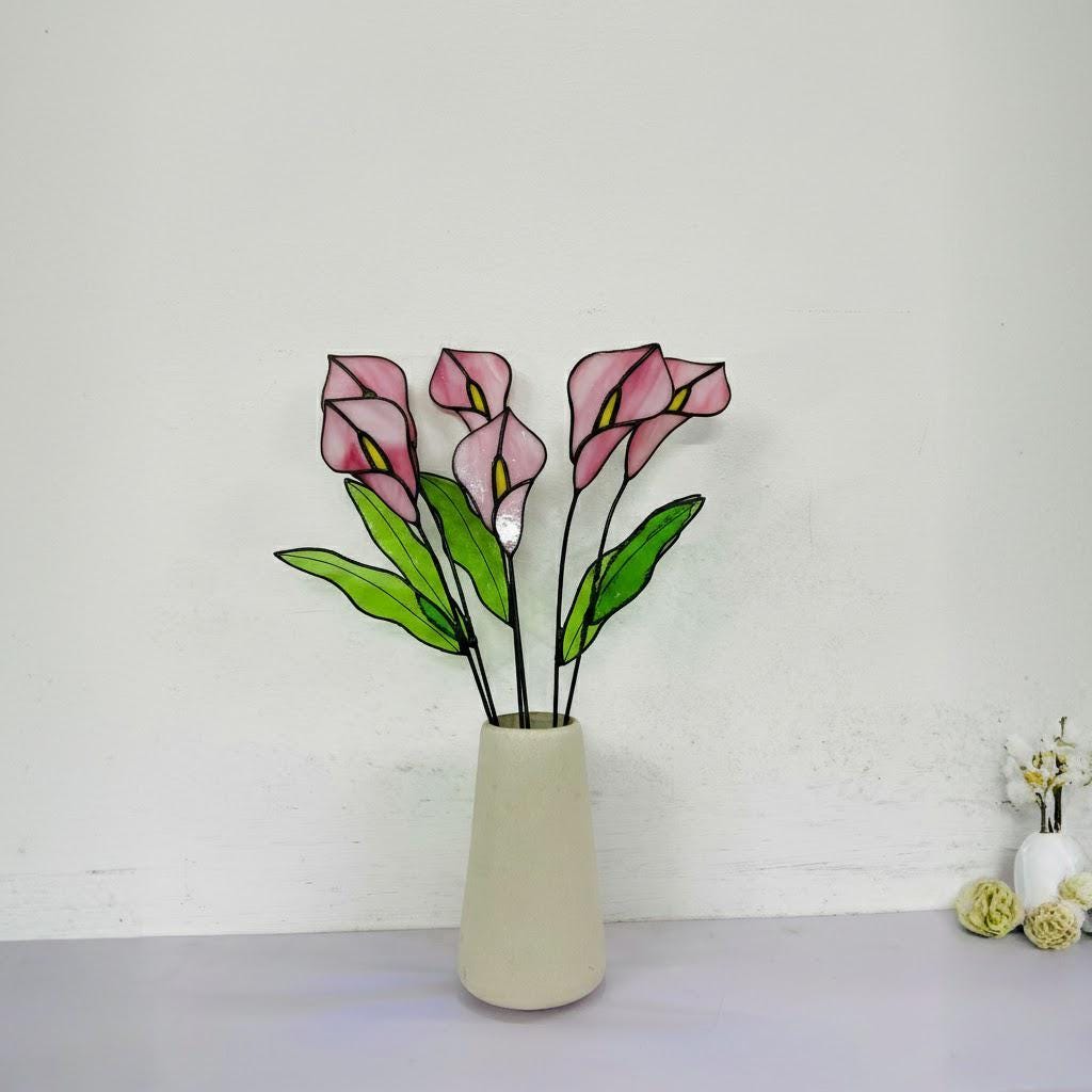 Handmade stained glass calla lily flower stems arranged in a minimalist vase, botanical glass flower home decor