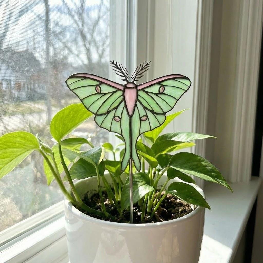 Handmade stained glass moth and butterfly plant stakes for indoor pots, luna moth garden decor, stained glass insects for plant lovers gift.