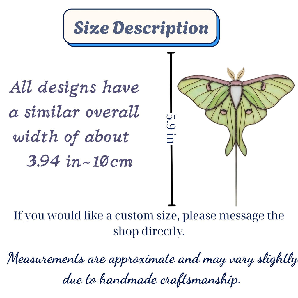 Handmade stained glass moth and butterfly plant stakes for indoor pots, luna moth garden decor, stained glass insects for plant lovers gift.