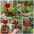 Handmade stained glass plant stakes collection including hummingbird, cardinal, blue jay birds, monarch butterfly, dragonfly, and flowers attached to metal rods for indoor plant pot decoration.