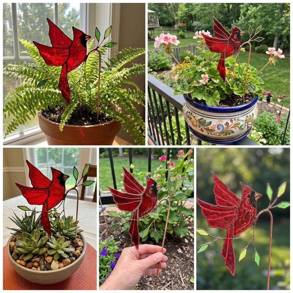Handmade stained glass plant stakes collection including hummingbird, cardinal, blue jay birds, monarch butterfly, dragonfly, and flowers attached to metal rods for indoor plant pot decoration.