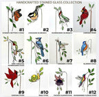 Handmade stained glass plant stakes collection including hummingbird, cardinal, blue jay birds, monarch butterfly, dragonfly, and flowers attached to metal rods for indoor plant pot decoration.