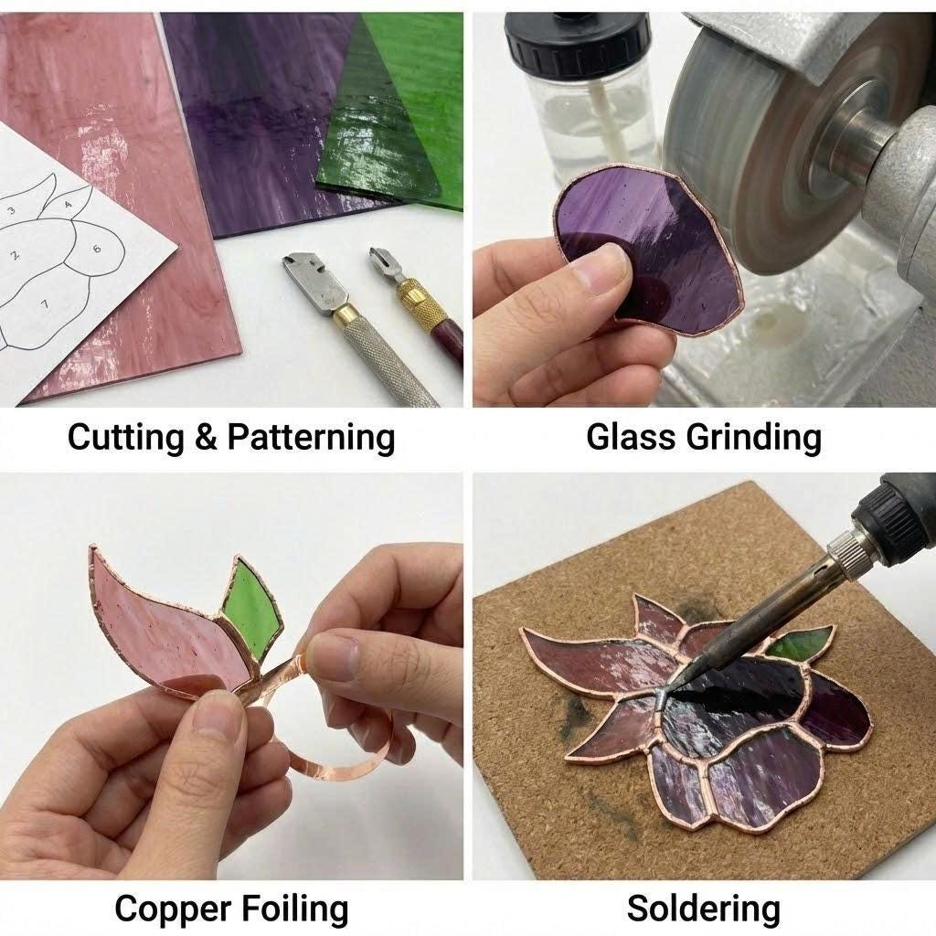 Handmade stained glass plant stakes collection including hummingbird, cardinal, blue jay birds, monarch butterfly, dragonfly, and flowers attached to metal rods for indoor plant pot decoration.