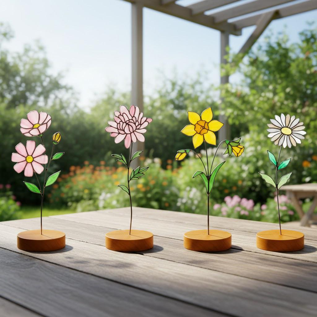 Handmade stained glass birth flower with engraved wooden base, personalized glass flower decor for birthday, mother’s day and memorial gift