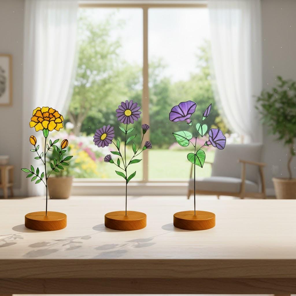 Handmade stained glass birth flower with engraved wooden base, personalized glass flower decor for birthday, mother’s day and memorial gift