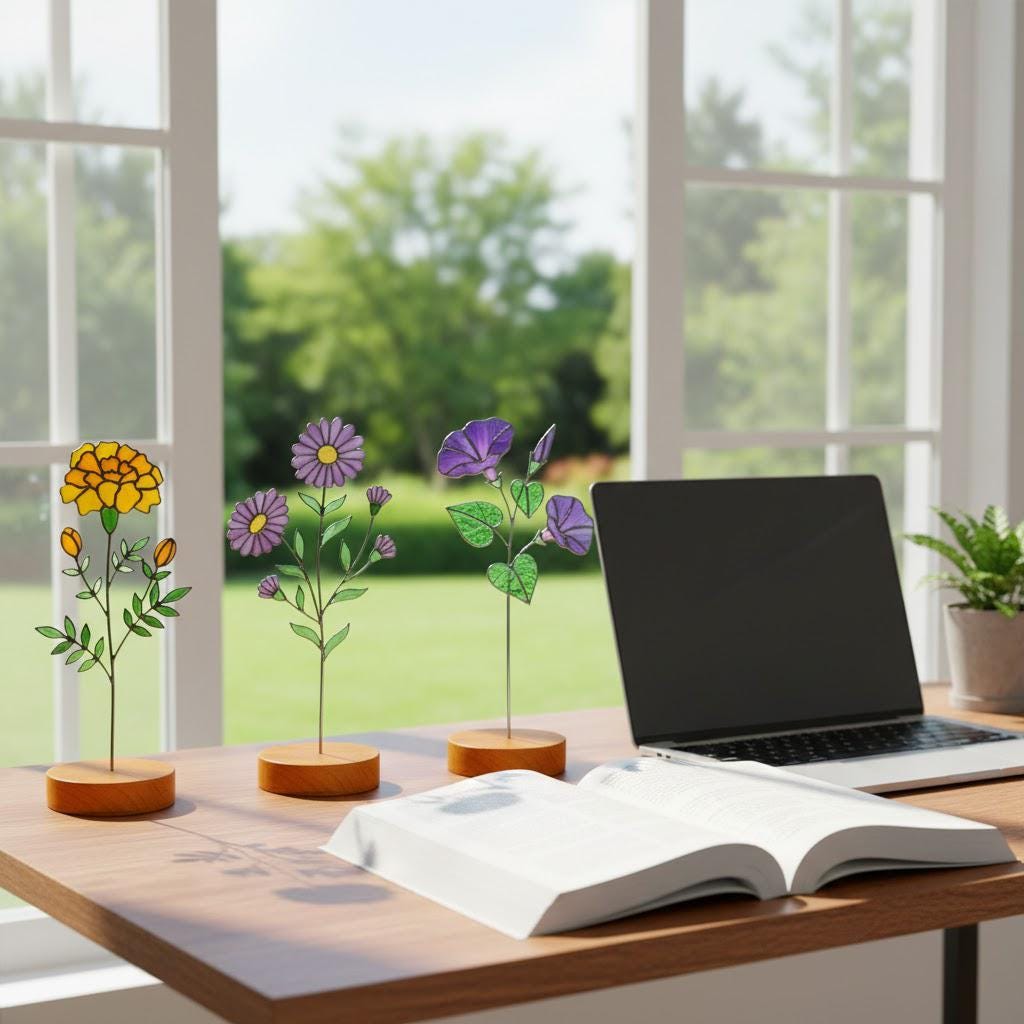 Handmade stained glass birth flower with engraved wooden base, personalized glass flower decor for birthday, mother’s day and memorial gift