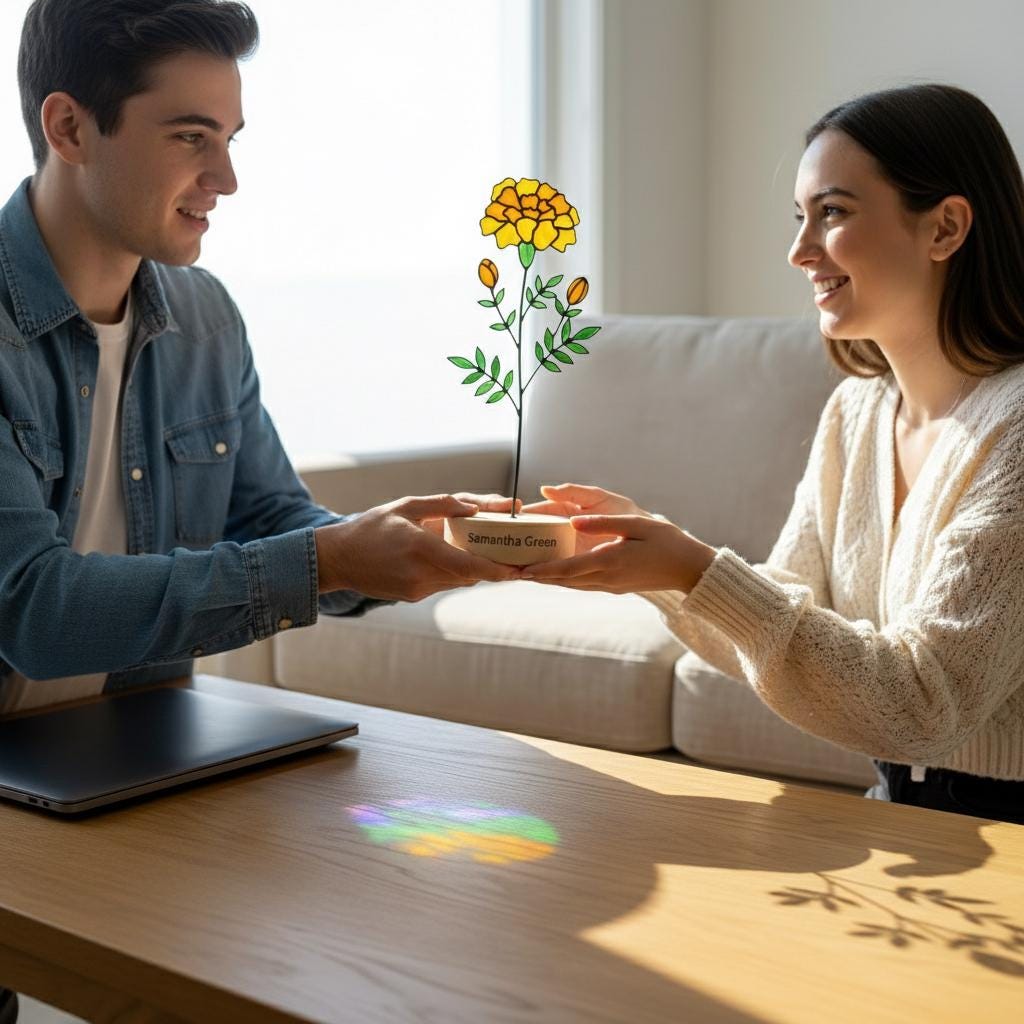 Handmade stained glass birth flower with engraved wooden base, personalized glass flower decor for birthday, mother’s day and memorial gift