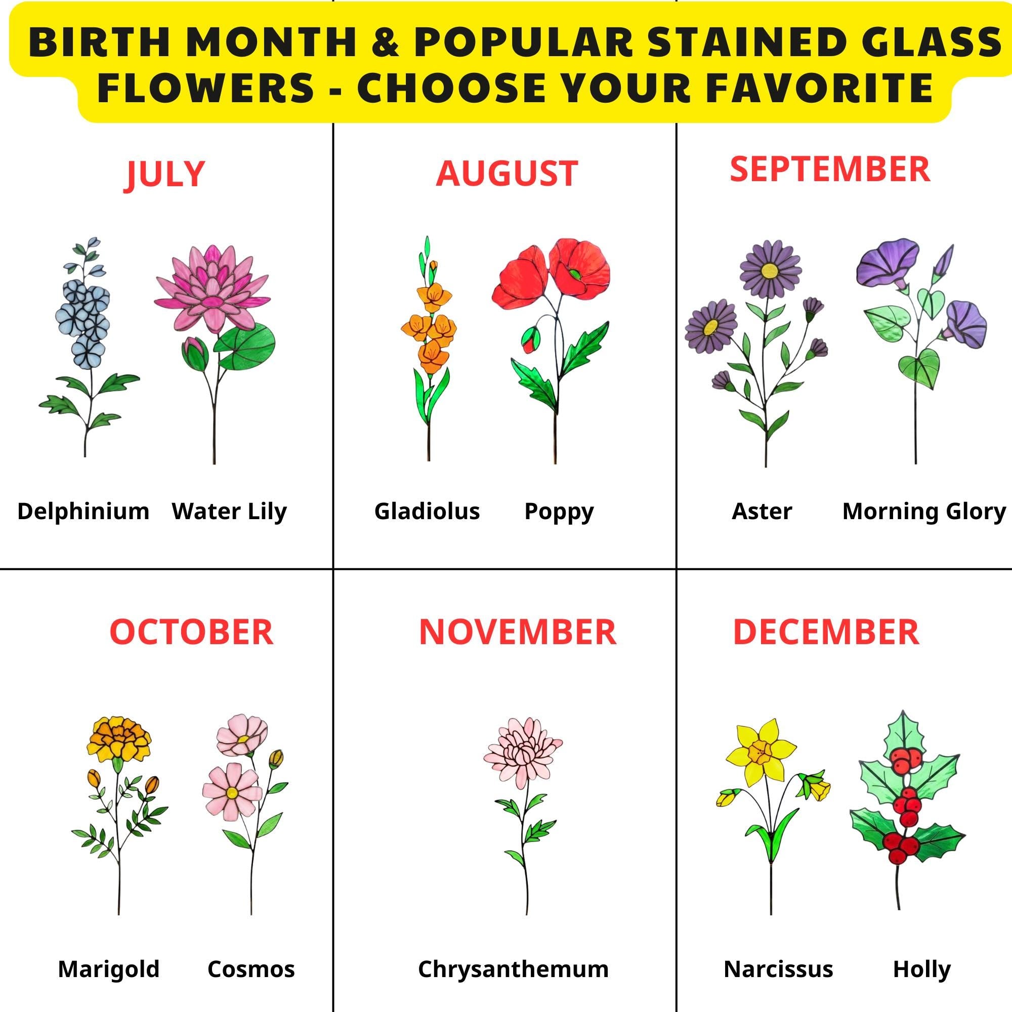 Handmade stained glass birth flower with engraved wooden base, personalized glass flower decor for birthday, mother’s day and memorial gift