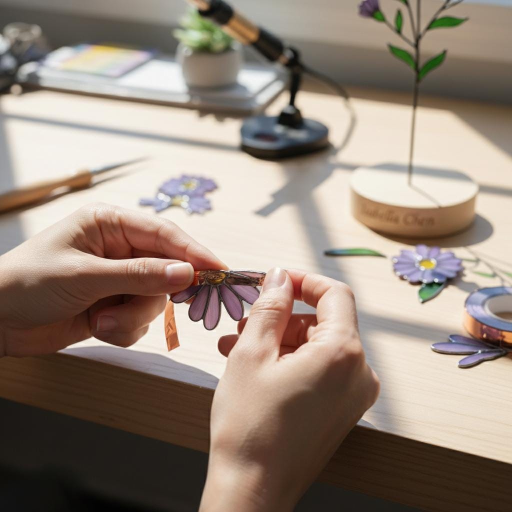 Handmade stained glass birth flower with engraved wooden base, personalized glass flower decor for birthday, mother’s day and memorial gift