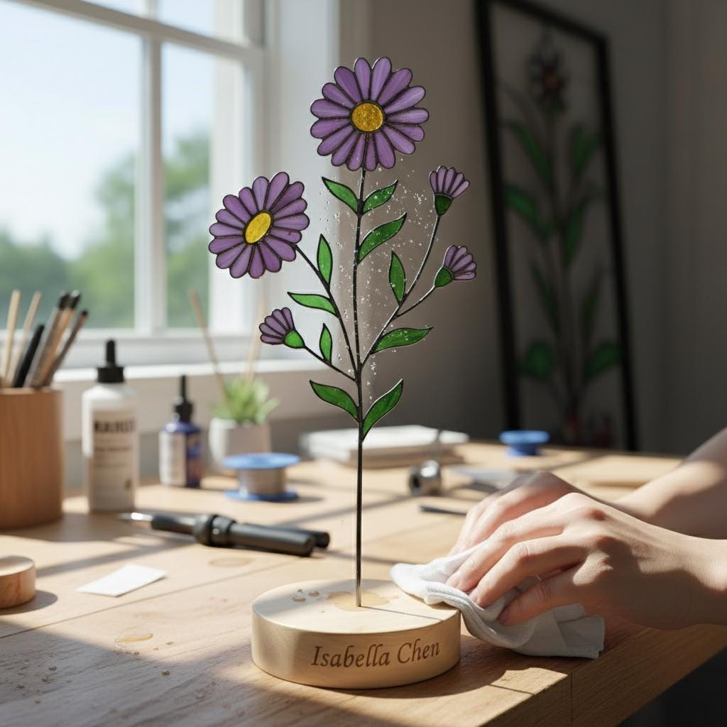 Handmade stained glass birth flower with engraved wooden base, personalized glass flower decor for birthday, mother’s day and memorial gift